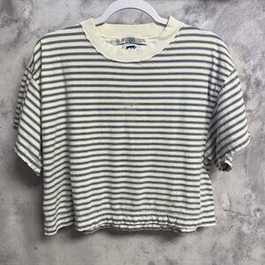 Vintage Code Bleu Crop Top T Shirt Womens Small 20x18 White/Blue Striped 90s
